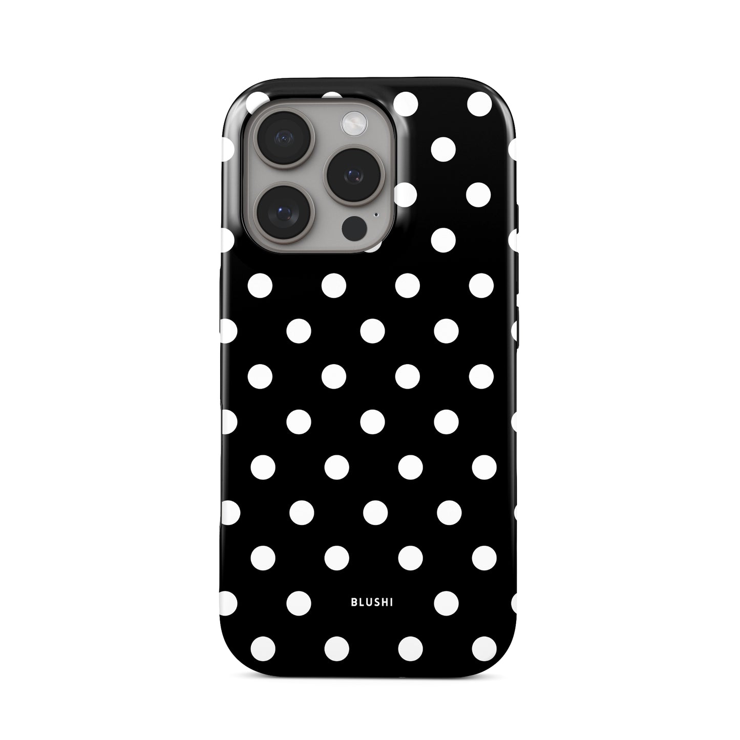 Black and White Polka Dot iPhone 16 Pro Case by Blushi Cases