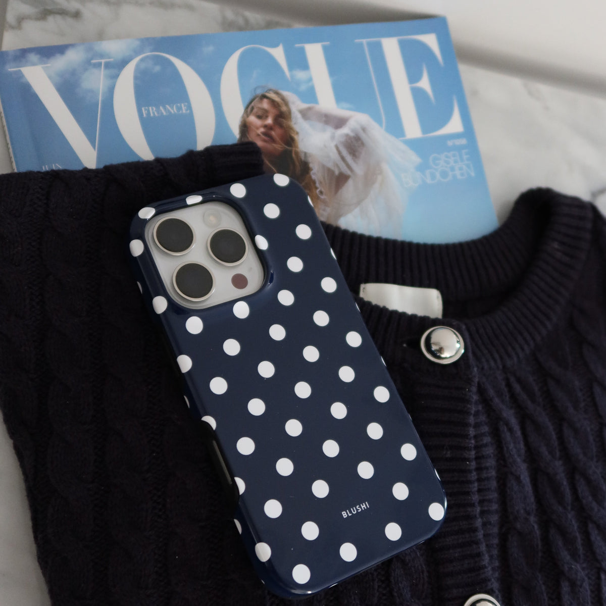 navy blue and white polka dot magsafe iphone case
