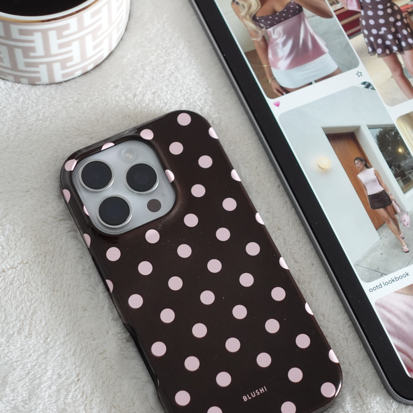 polka dot iphone case magsafe in brown and pink