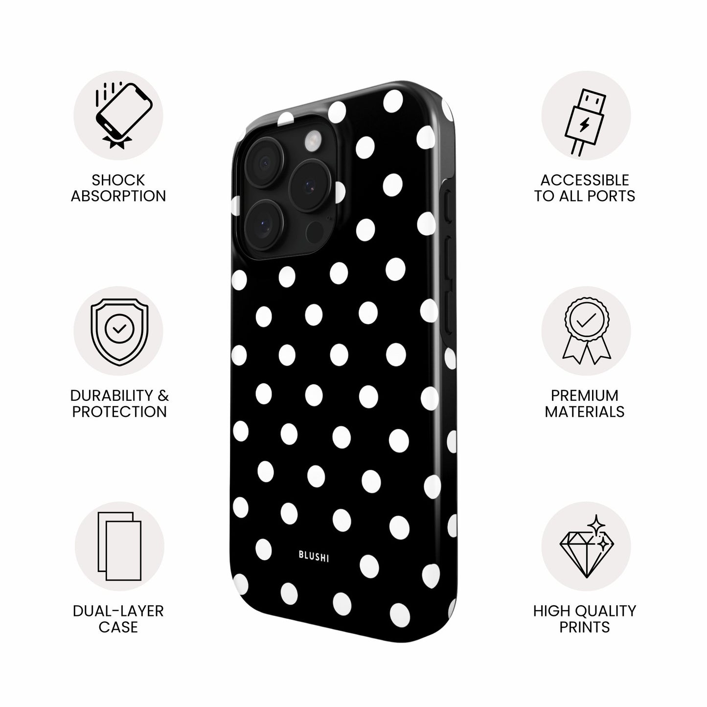 Black and White Polka Dot Magsafe iPhone Case by Blushi Cases
