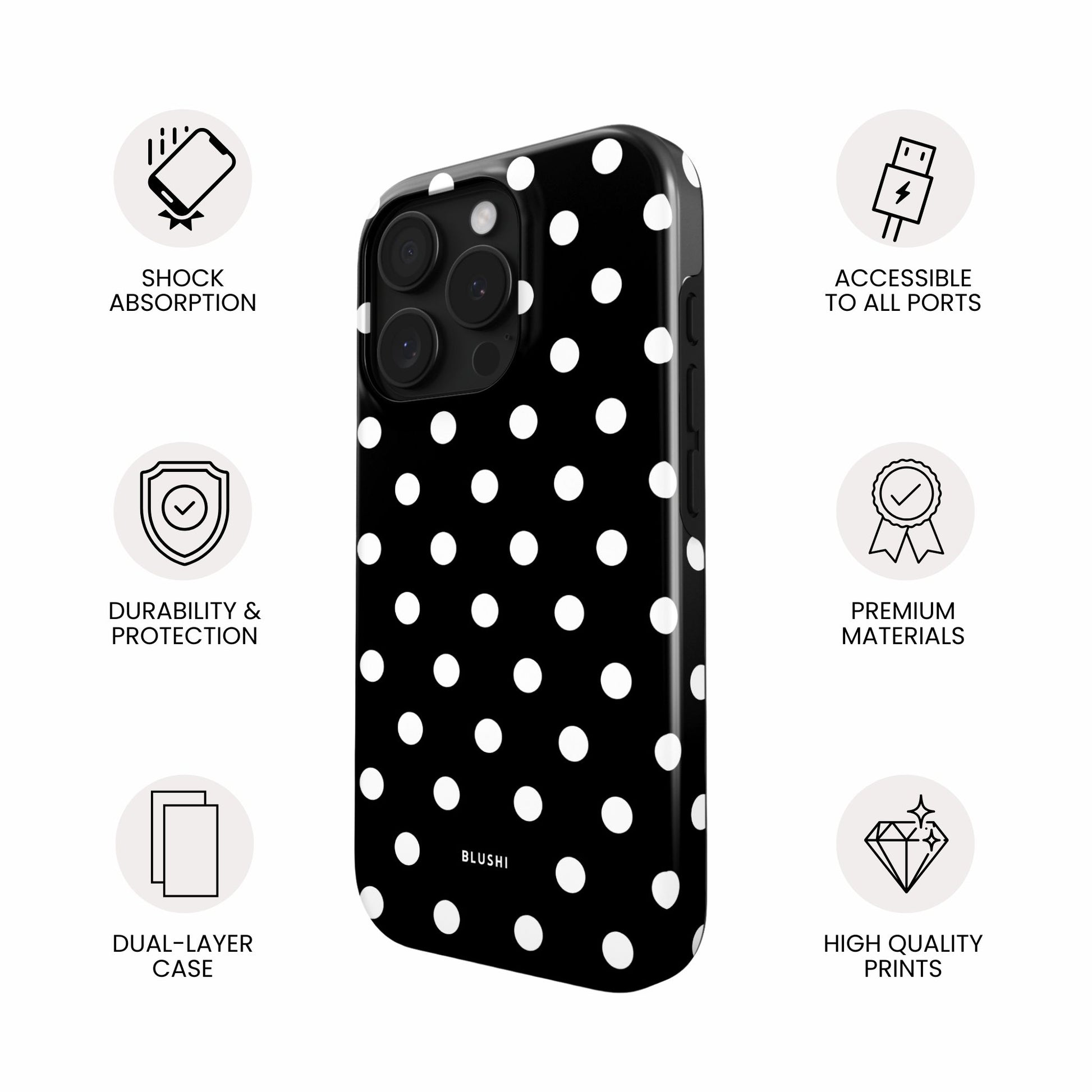 Black and White Polka Dot Magsafe iPhone Case by Blushi Cases