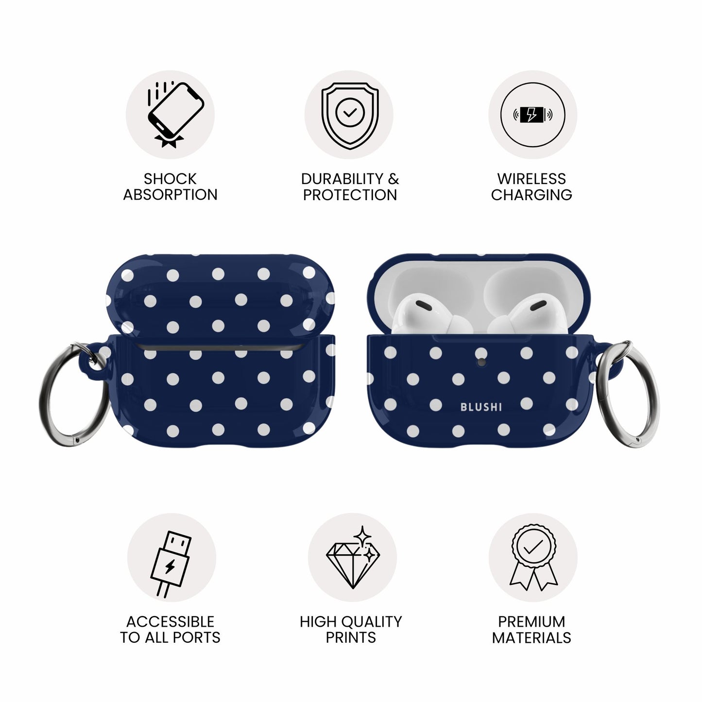 Étui AirPods bleu marine et blanc à pois