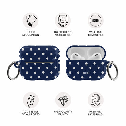 Étui AirPods bleu marine et blanc à pois