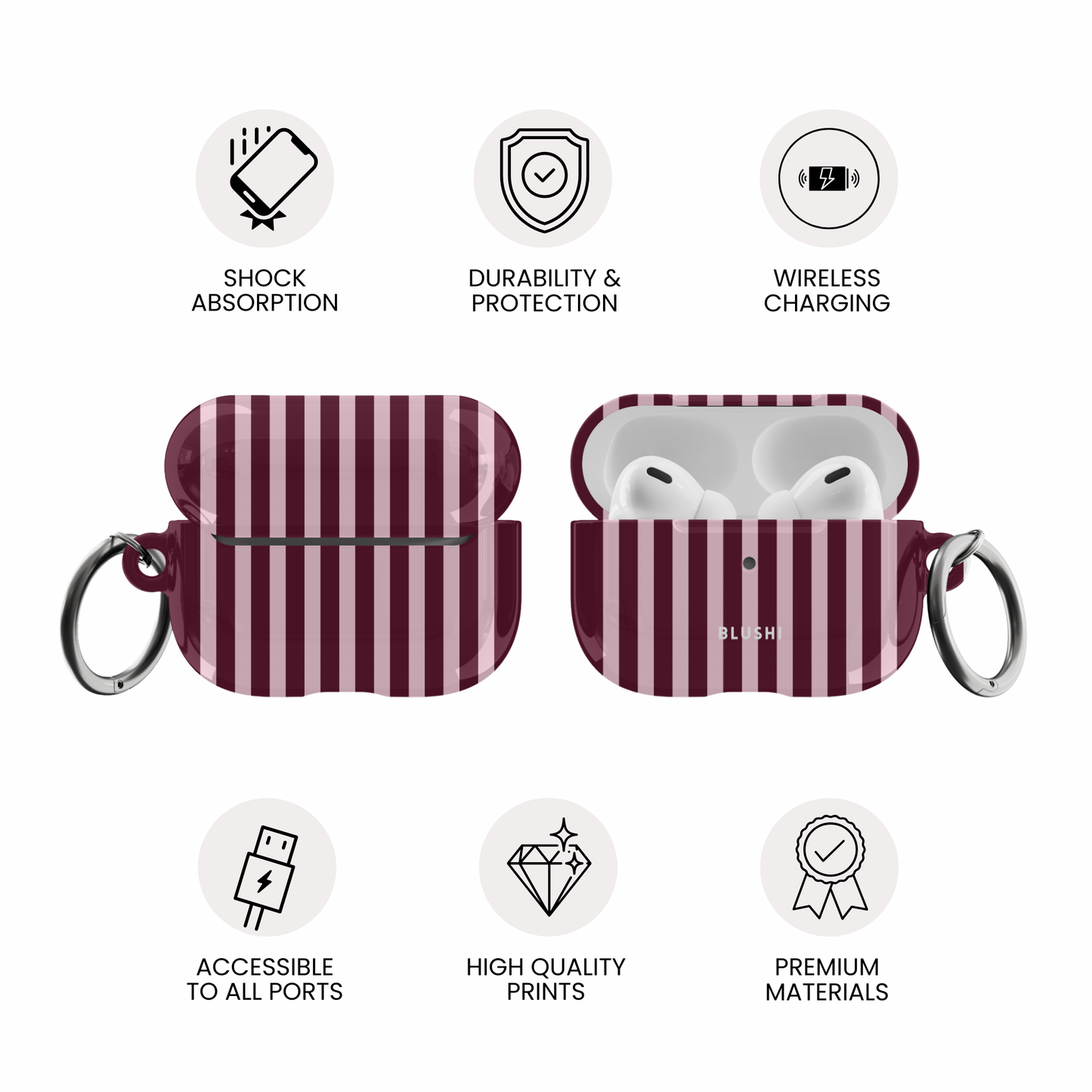 Étui AirPods à rayures bordeaux et roses