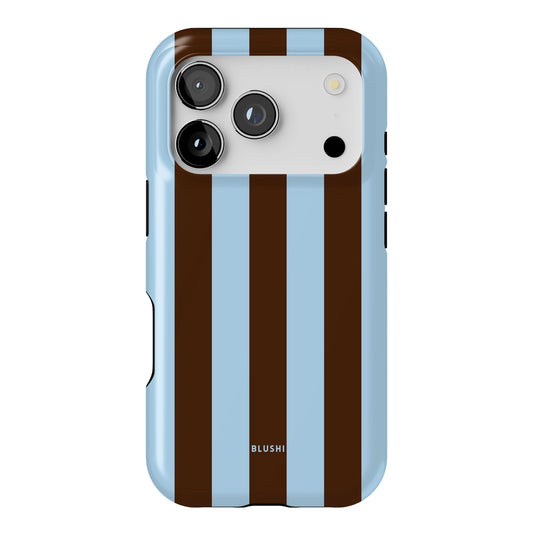 brown and blue striped iphone case