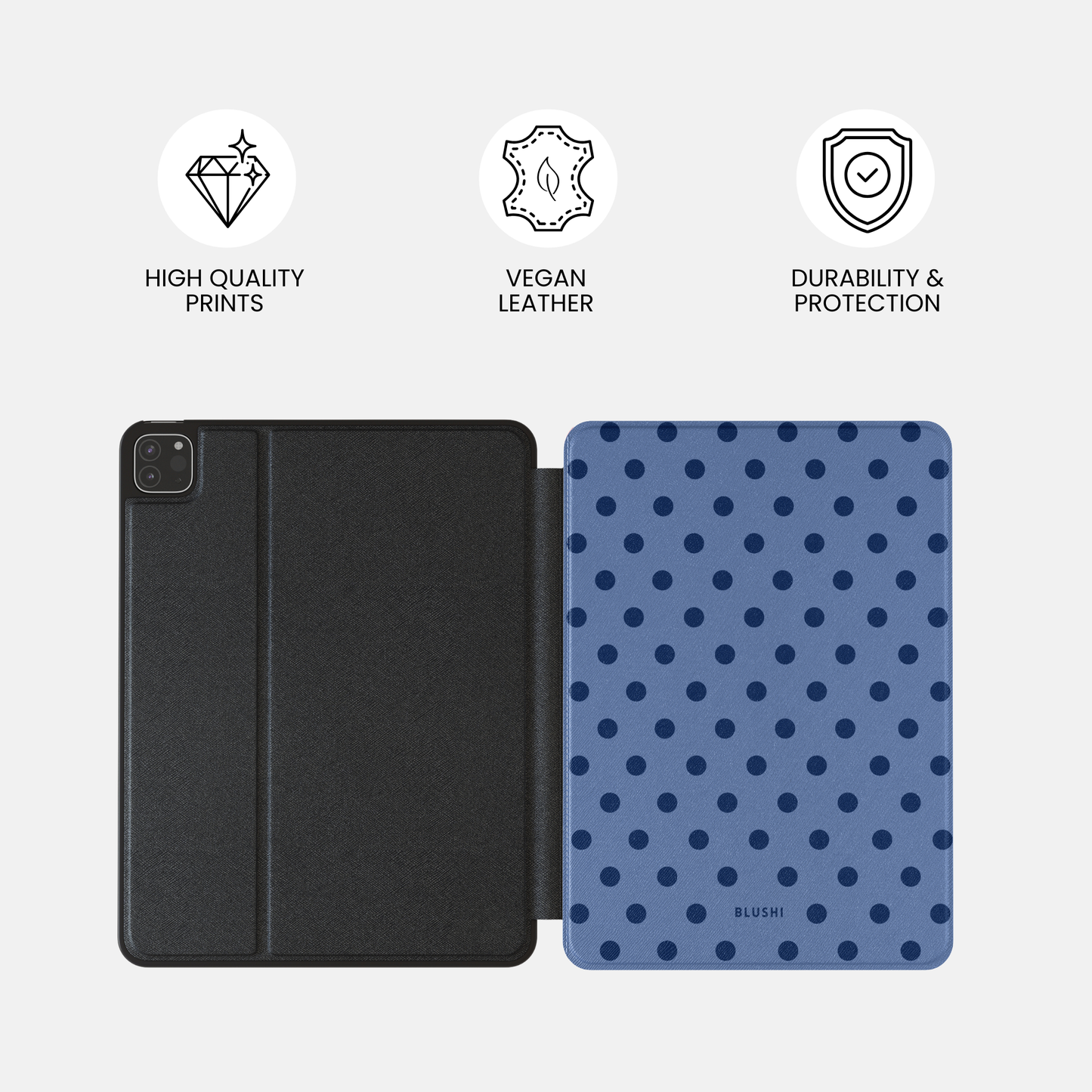 Cute aesthetic iPad case with polka dot design in blue and navy