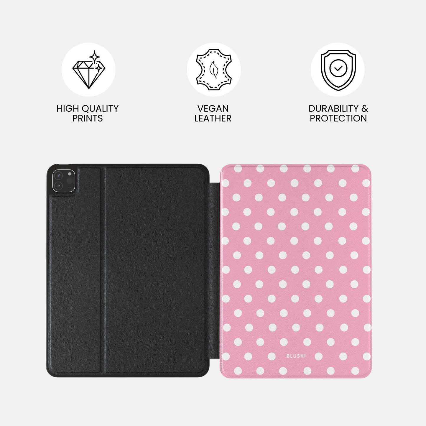 Cute aesthetic iPad case with polka dot design in pink and white