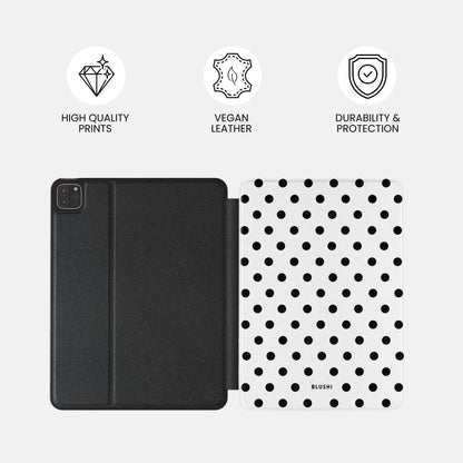 Cute aesthetic iPad case with polka dot design in white and black