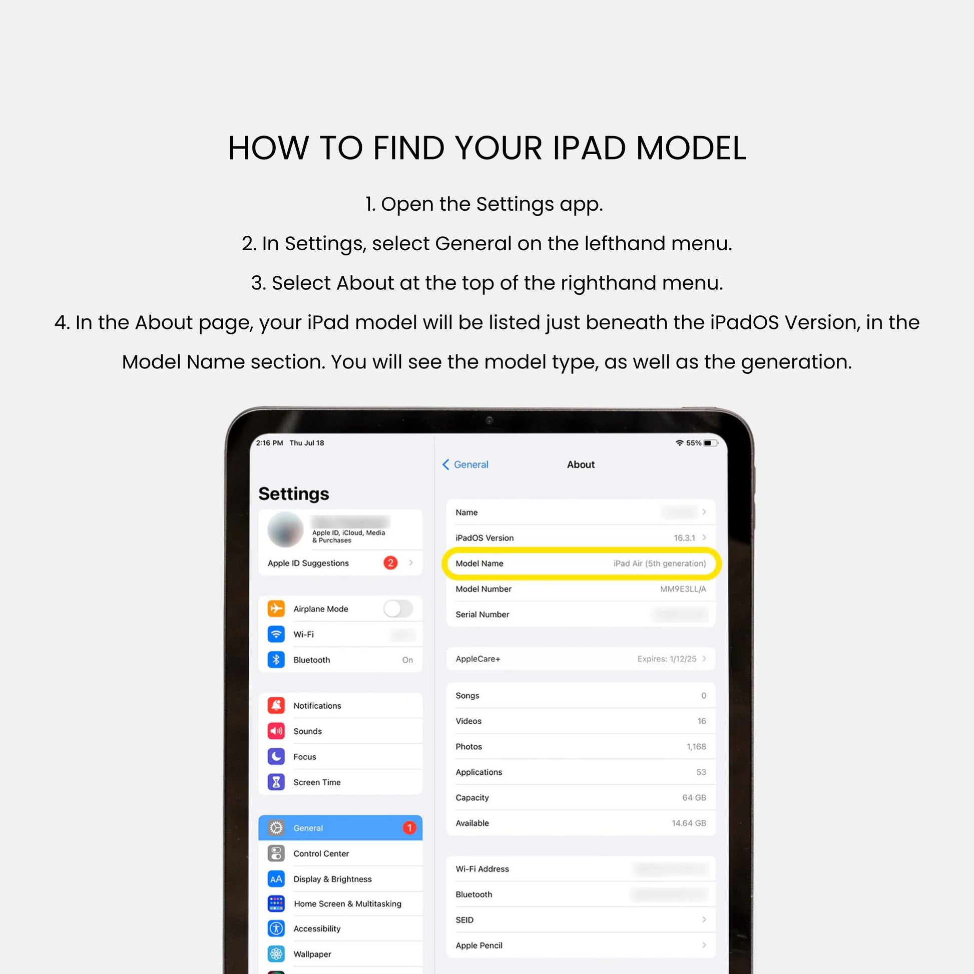 Check iPad model number in settings