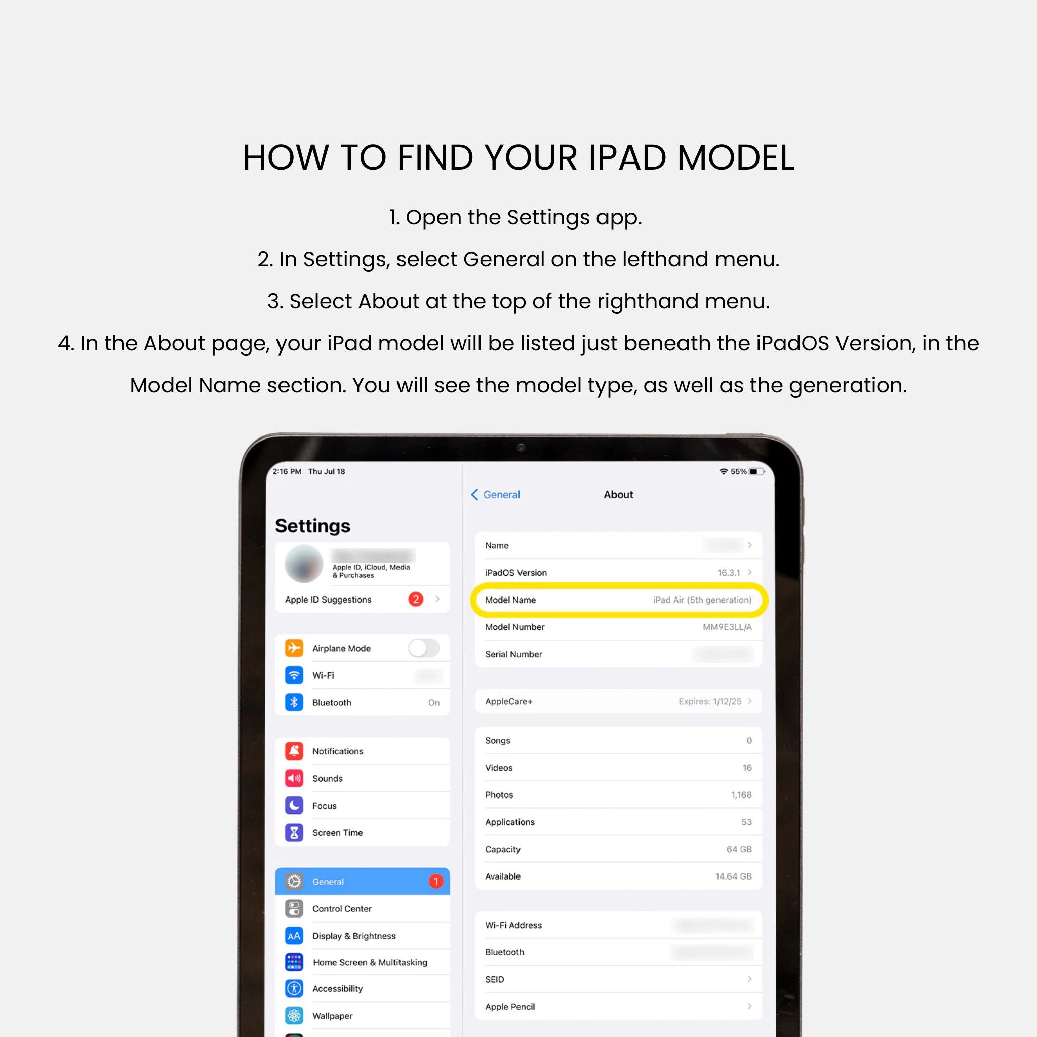 Check iPad model number in settings