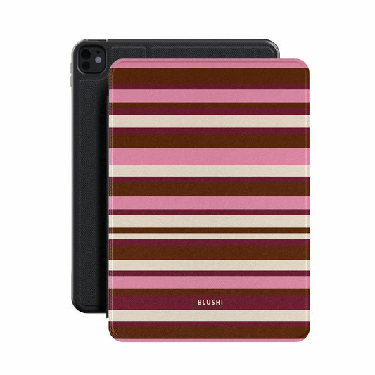 Striped ipad case with brown, pink, and beige pattern 