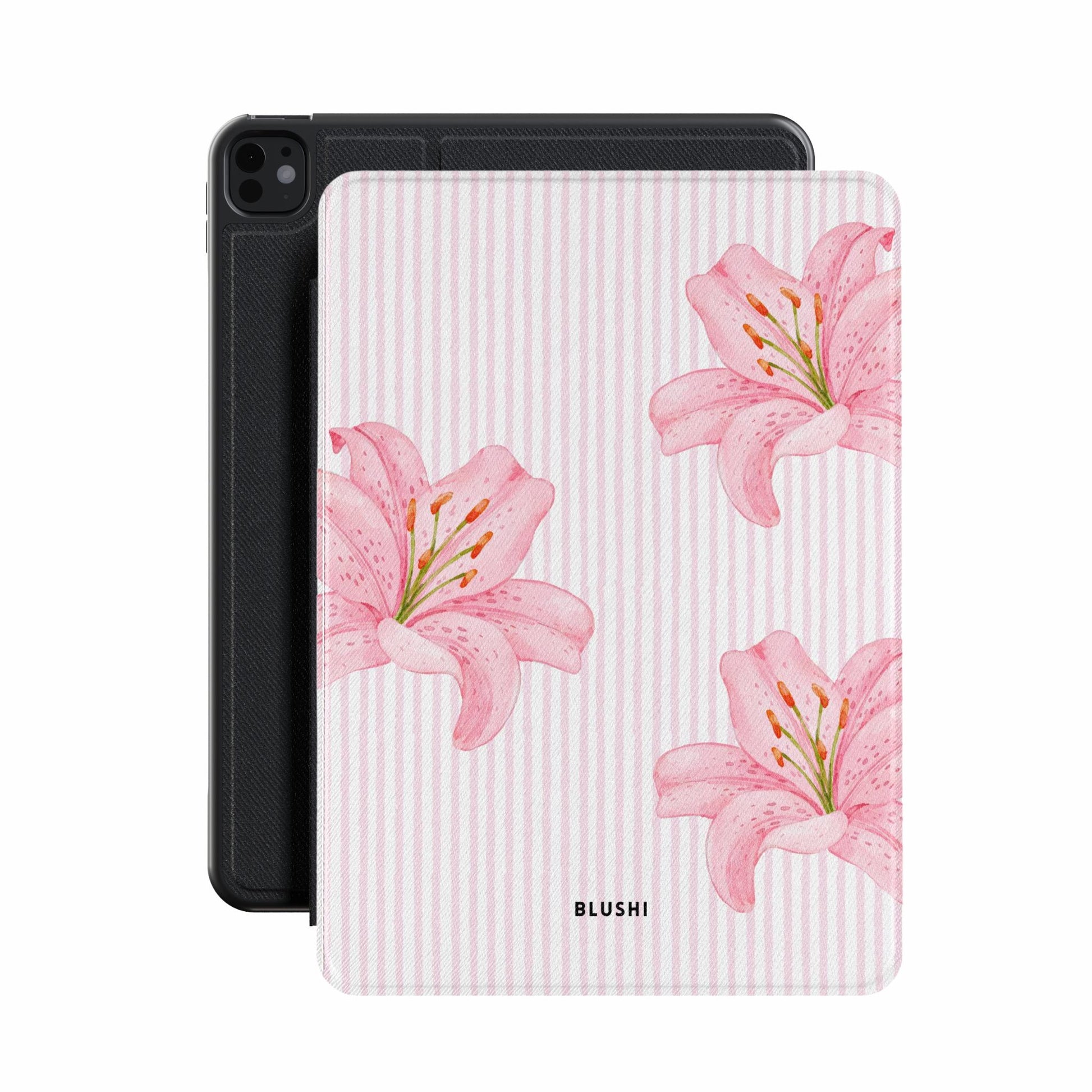 lily bloom pink striped ipad case front