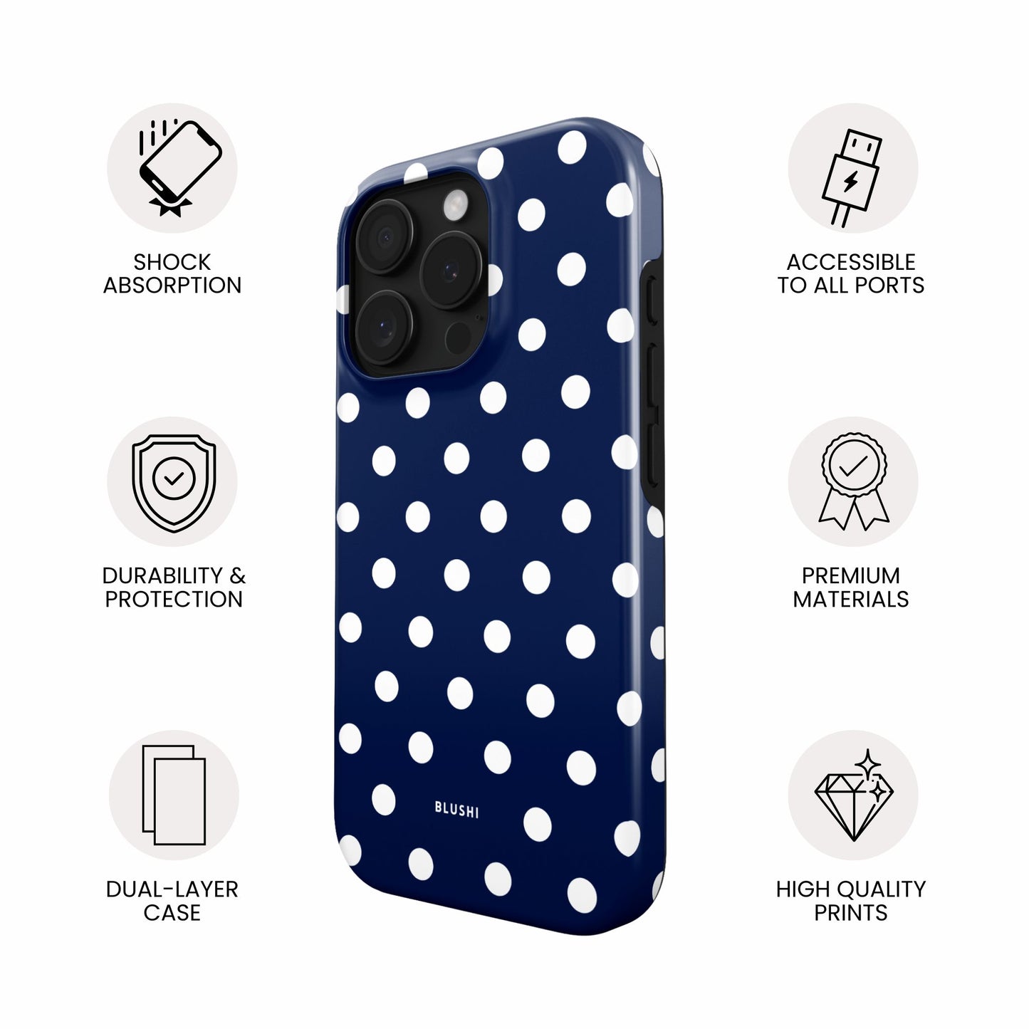 navy blue and white polka dot iphone case