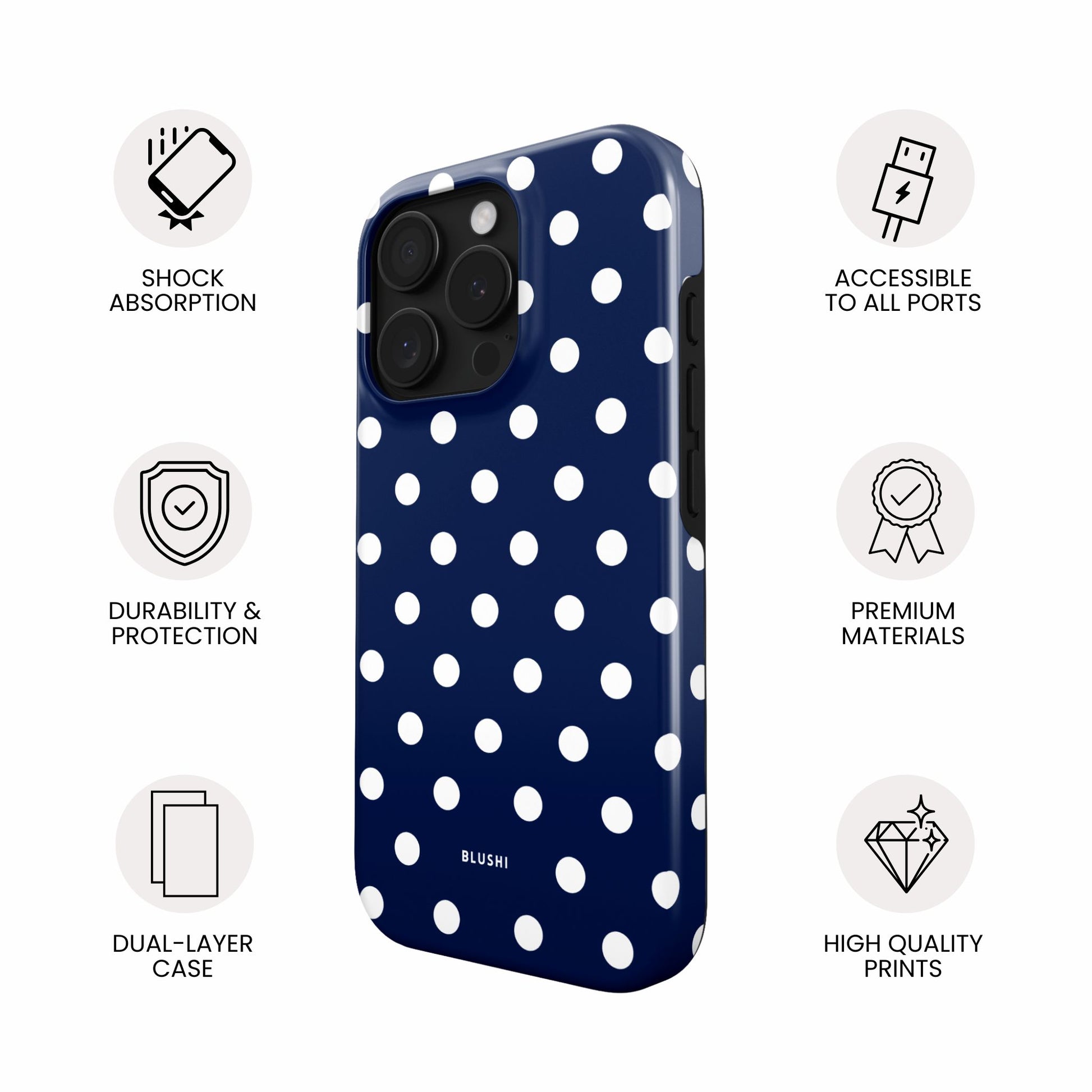 navy blue and white polka dot iphone case