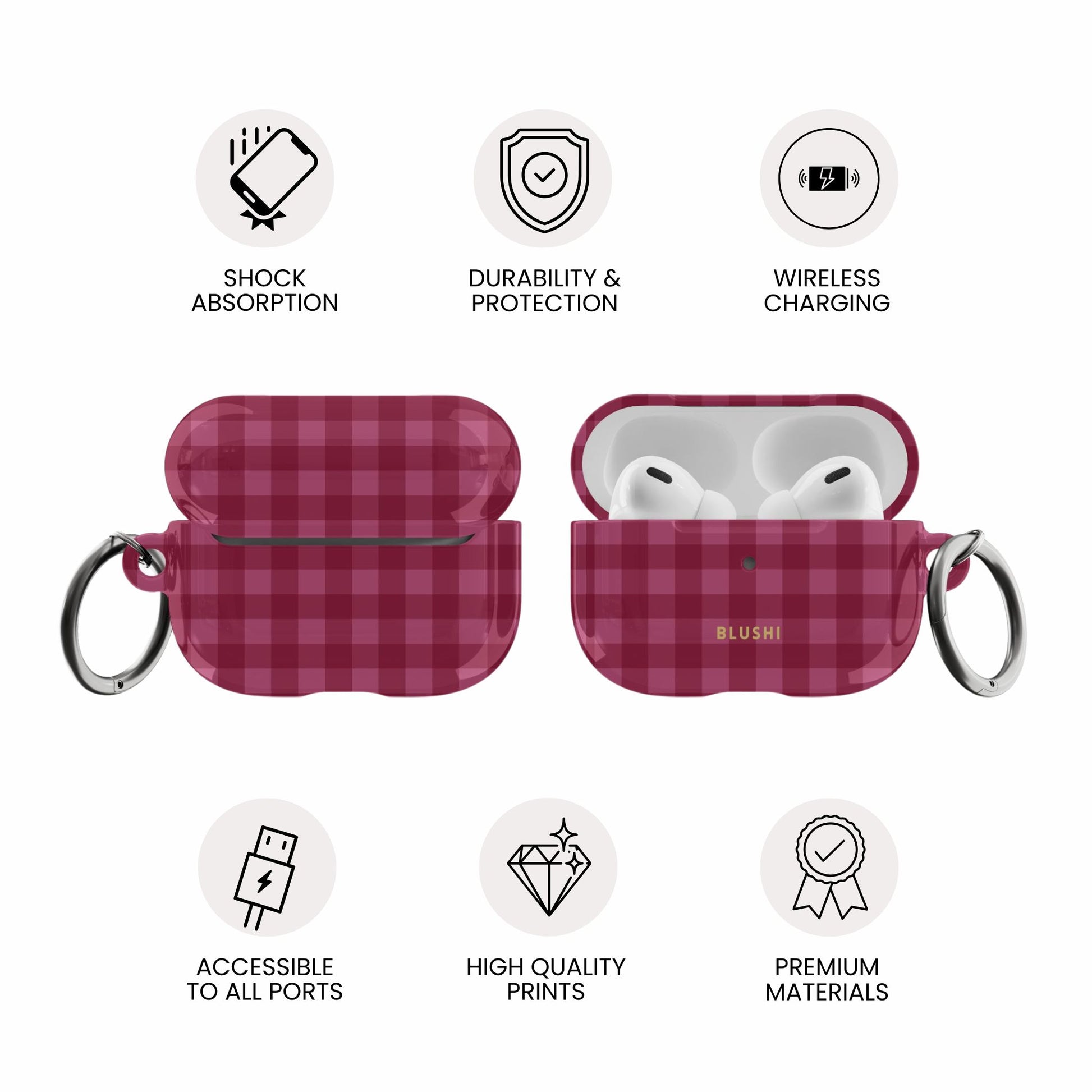 Protective pink gingham patterned AirPods Pro hard case – Blushi Cases