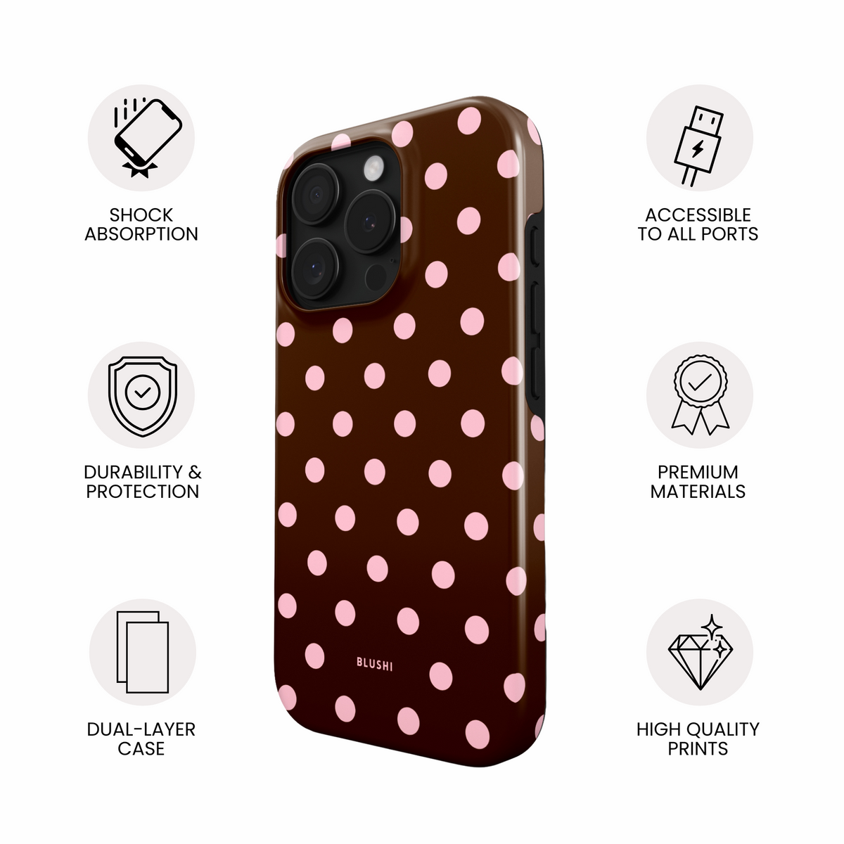 Brown Color Case Polka Dot Phone Case - Brown & Pink⎪Blushi Cases